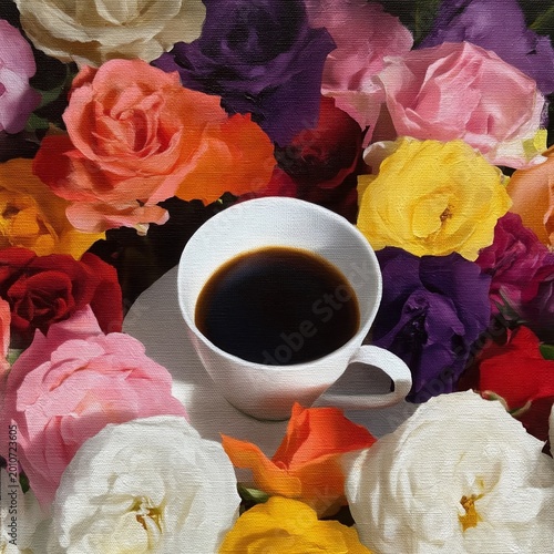 Coffee Cup Placed Among Colorful Roses at a Garden in the Morning