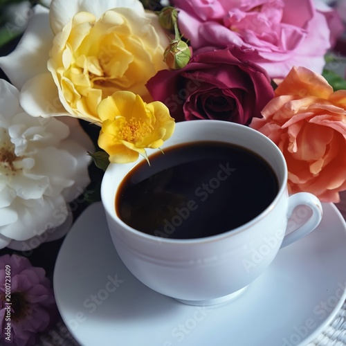 Coffee Cup Placed on a Saucer Surrounded by Colorful Flowers in a Bright Setting