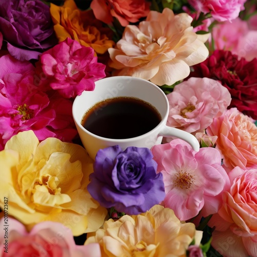 Coffee Cup Placed on a Saucer Surrounded by Colorful Flowers in a Bright Setting