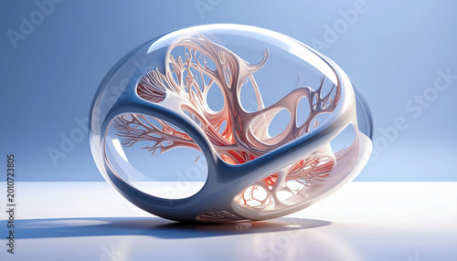 Smooth organic abstract form with translucent shell and intricate inner network suggesting advanced bio inspired design