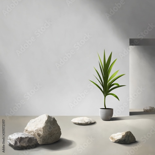 Bright Room With Plant and Stones Under Natural Light in Minimalist Design Se...