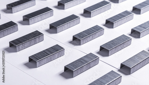 Pattern of metallic staples aligned in a precise grid showcasing industrial texture and repetitive structure