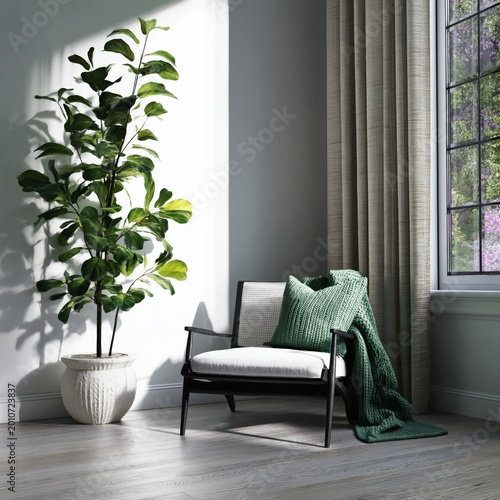 Relaxing Chair With a Blanket and Plant in a Bright Room