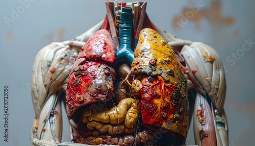 Detailed anatomical torso model displaying organs and decay textures for medical education and scientific concepts