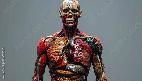 Full human anatomical figure with exposed muscles and organs in a clinical pose for educational and medical visuals