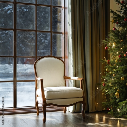 Cozy Chair by the Window Next to a Decorated Christmas Tree During Winter