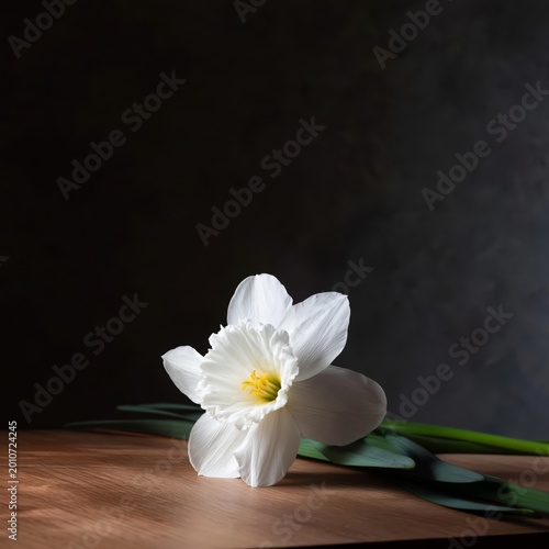 White Flower on Wooden Table With Dark Background at Home in Afternoon Light