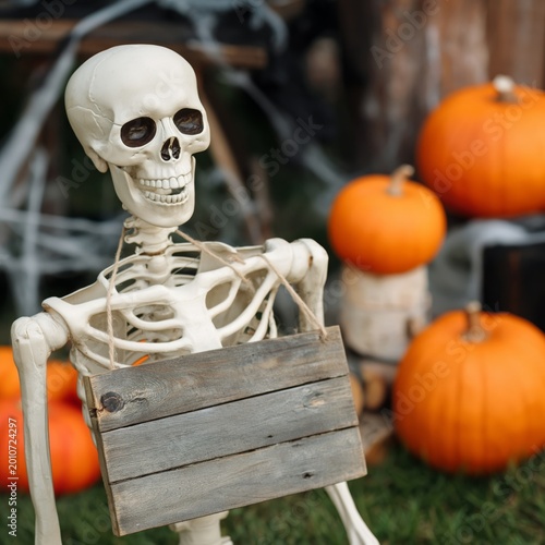 Skeleton Stands Beside Pumpkins in a Festive Fall Setting With Smiling Expres...