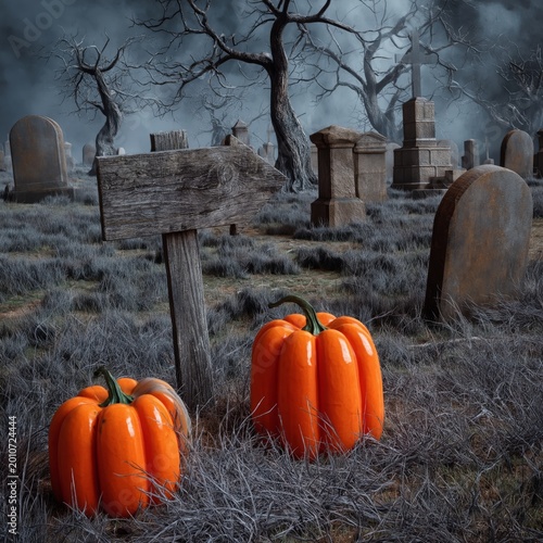Halloween Scene With Pumpkins, Gravestones, and a Wooden Sign in a Foggy Atmo...
