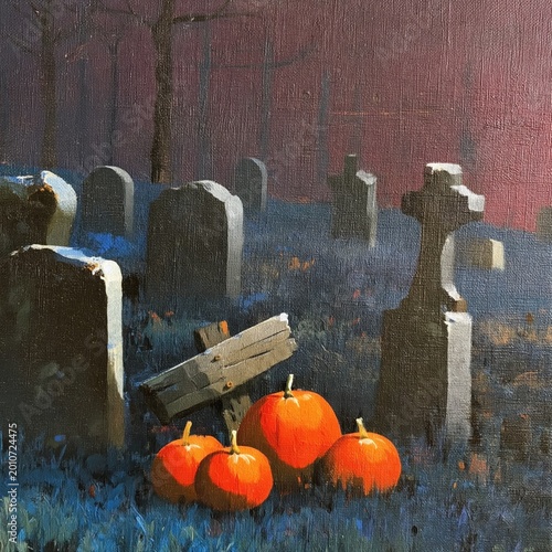 Halloween Scene With Pumpkins, Gravestones, and a Wooden Sign in a Foggy Atmo...