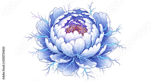 Quadro em tela Electric blue peony with radiant petals and lightning details on white backgroun