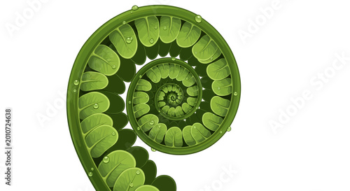 Tableau sur toile Elegant green spiraling fern with dew drops on white background