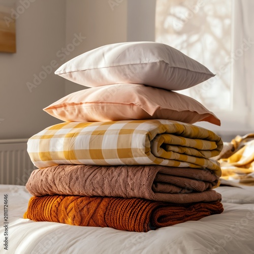 Soft Blankets and a Pillow Stacked on a Bed in a Cozy Room in the Afternoon