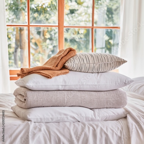 Soft Pillows With Blankets and Cozy Throw in a Warm Room Near a Window With S...