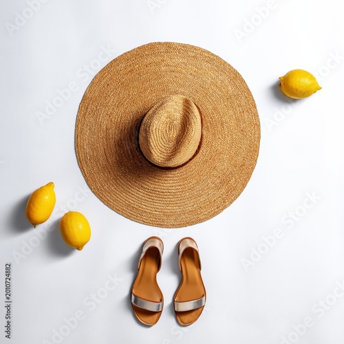 Lemon and Summer Hat With Sandals Arranged on a White Background for a Sunny Day