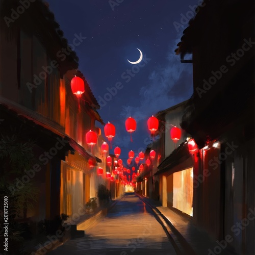 Cobblestone Street at Night With Streetlights and Crescent Moon Shining Above