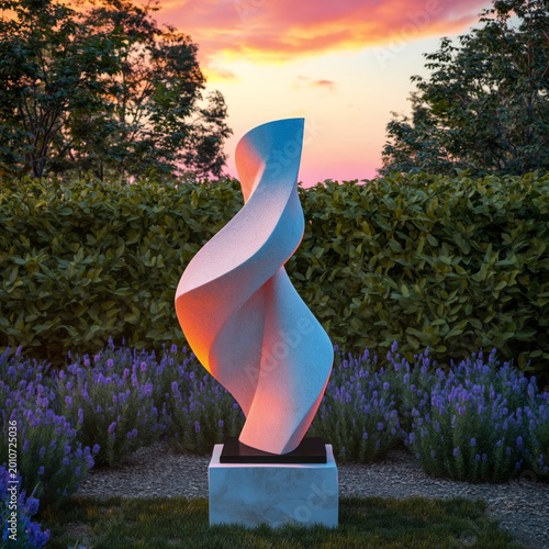 Twisting Sculpture in Garden During Sunset Near Lavender Plants