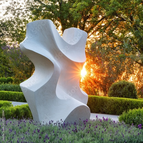 Twisting Sculpture in Garden During Sunset Near Lavender Plants