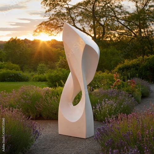 Sculpture Stands in a Garden at Sunset Near Lavender Fields in Summer