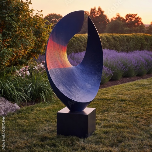 Sculpture Stands in a Garden at Sunset Near Lavender Fields in Summer