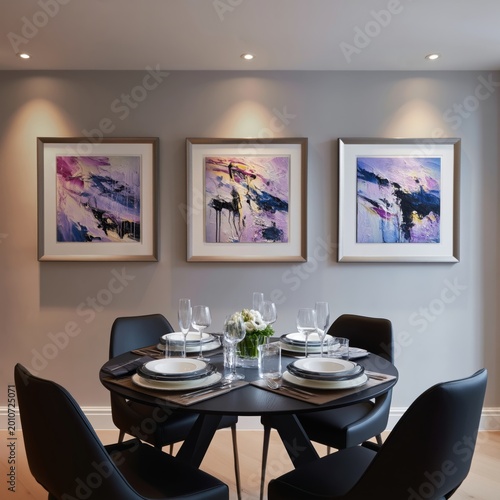 Round Table Set for Dinner in Modern Dining Room With Artwork on Wall in the ...