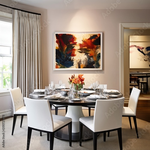 Round Table Set for Dinner in Modern Dining Room With Artwork on Wall in the ...