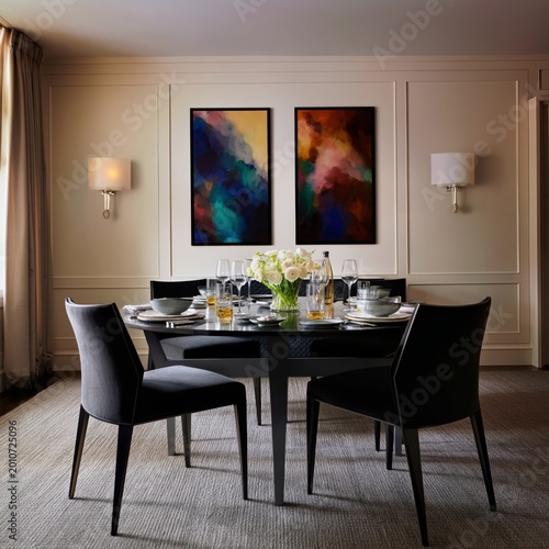 Elegant Dining Setup in Modern Room With Colorful Wall Art and Floral Centerp...