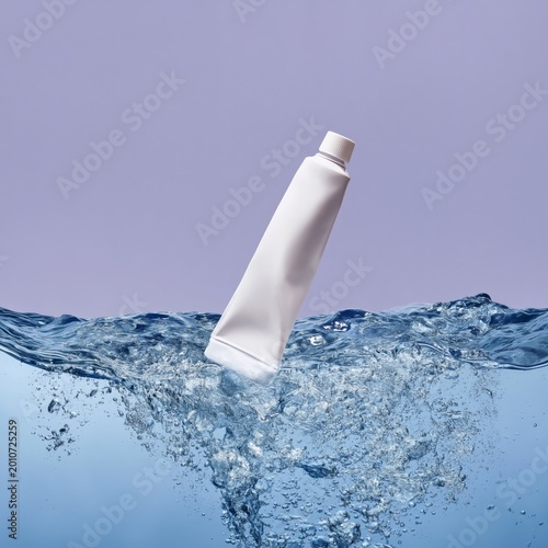 White Tube Floating in Clear Blue Water With a Light Purple Background