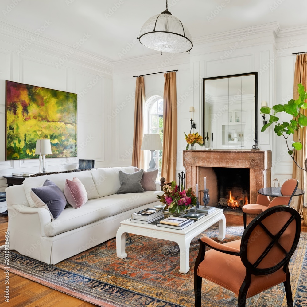 Fototapeta premium Cozy Living Room With Fire and Art in a Bright, Modern Home During Daytime