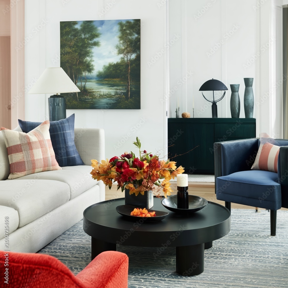 Fototapeta premium Cozy Living Room With Fire and Art in a Bright, Modern Home During Daytime