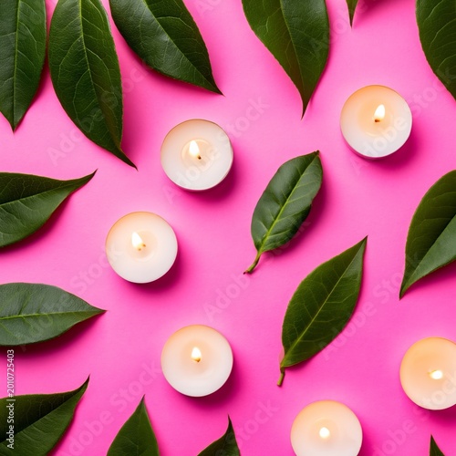 Candles and Green Leaves Arranged on a Pink Background During a Decorative Setup
