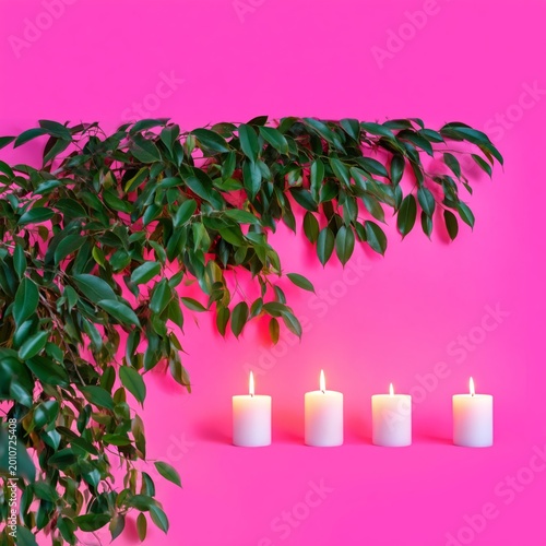 Candle Arrangement on Pink Background With Green Leaves During a Creative Dis...