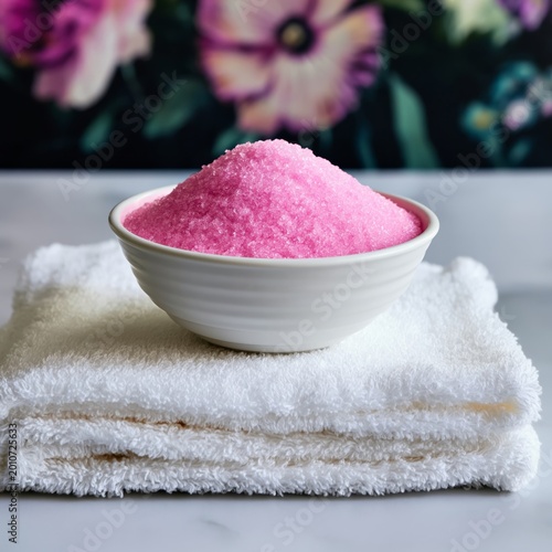 Bright Pink Sugar Placed in a Bowl on White Towels With Floral Background