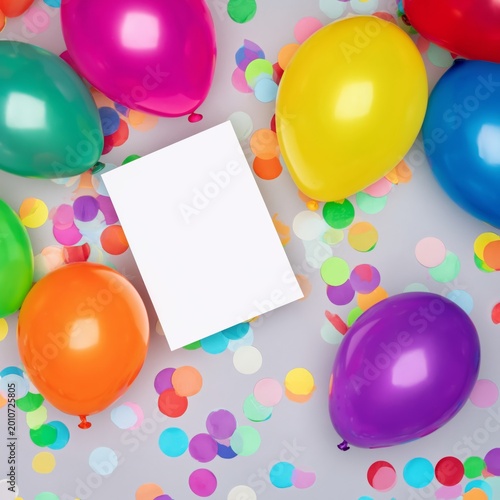 Colorful Balloons and a Blank Card on a Surface With Confetti Scattered Around