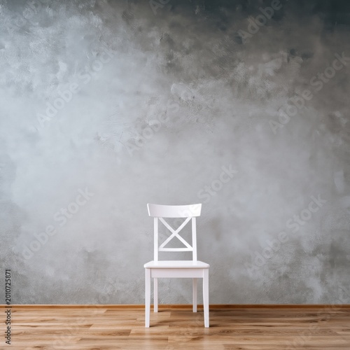 Simple White Chair Stands Against Empty Gray Wall in Modern Room