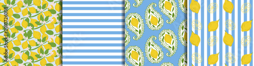 Photos Set of seamless Mediterranean patterns inspired by Italian coastal style with lemon motifs, blue stripes and ornamental designs