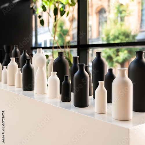 Artistic Display of Black and White Vases in a Modern Gallery During Daylight...