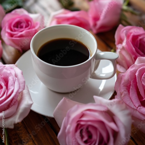 Coffee Cup Surrounded by Pink Roses on a Wooden Table in Daylight