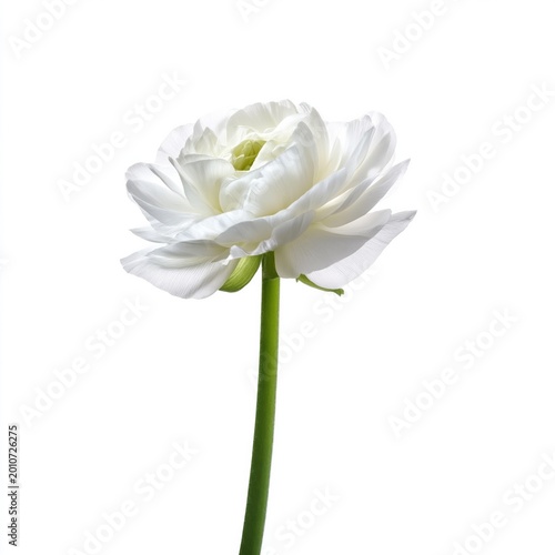White Flower With Many Petals Showing Green Stem Against Plain Background