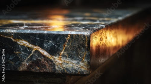 Close up view of a polished black marble countertop edge with golden veins and warm light reflections captured in a high resolution interior architectural photography shot