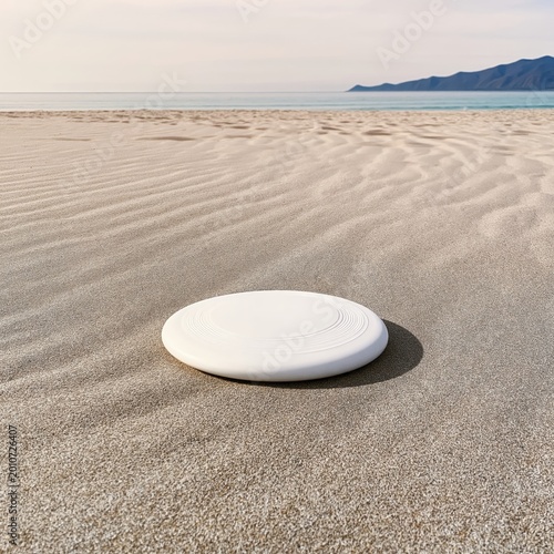 White Disc Rests on Golden Sand Near the Ocean Under a Clear Sky With Distant...