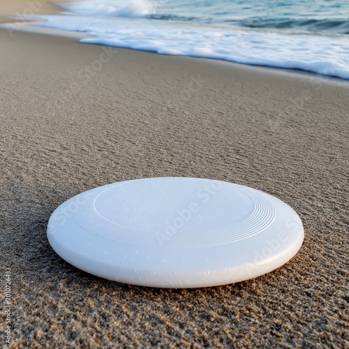 White Disc Rests on Golden Sand Near the Ocean Under a Clear Sky With Distant...