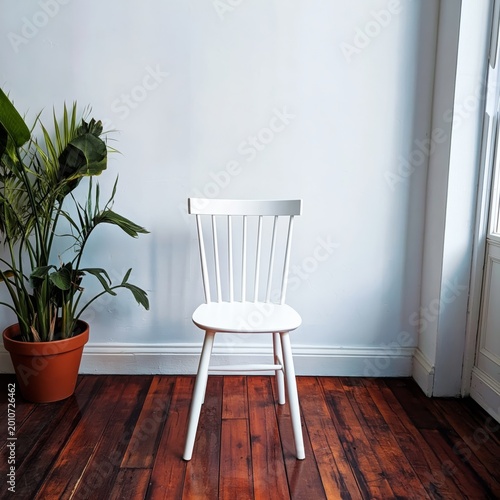 White Chair Next to Green Plant in Modern Room With Plain Wall