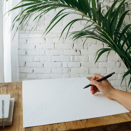 Person Writes on Blank Paper With a Black Pen in a Well-Lit Room With a Plant