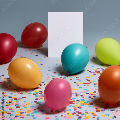 Colorful Balloons and Confetti Surround a Blank Card on a Table