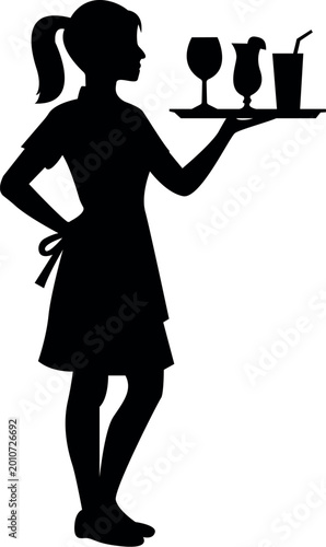 Hand Drawn Waitress Silhouette Carrying Drinks Tray With Cocktail and Wine Glasses for Restaurant Service Concept.