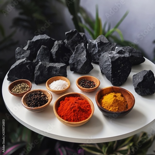 Spices and Black Stones Arranged on a Round Table in a Kitchen Setting During...