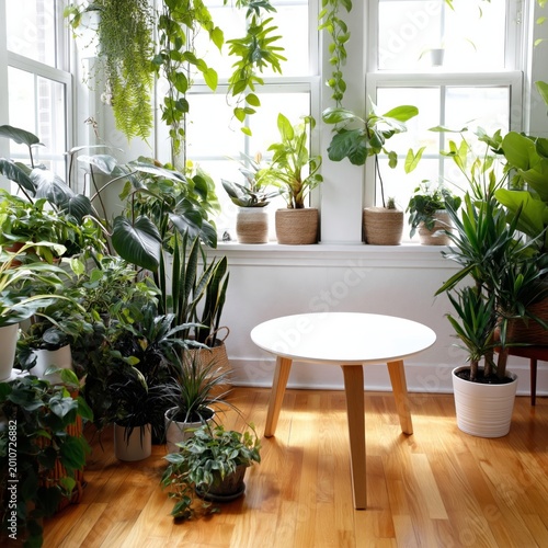 Indoor Plants and a Round Table in a Bright Room With Large Windows During Da...