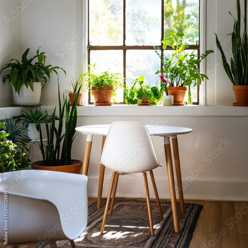 Indoor Plants and a Round Table in a Bright Room With Large Windows During Da...