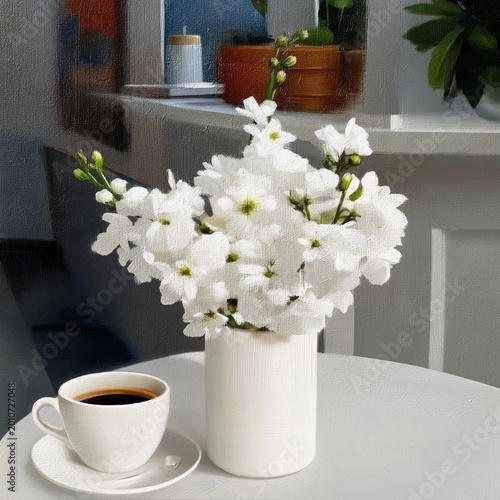 White Flowers in a Pot Next to a Coffee Cup on a Table During Morning Light